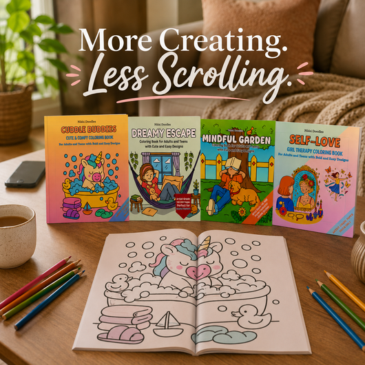 4 Coloring Books Bundle: Dreamy Escape + Mindful Garden + Cuddle Buddies + Self-Love